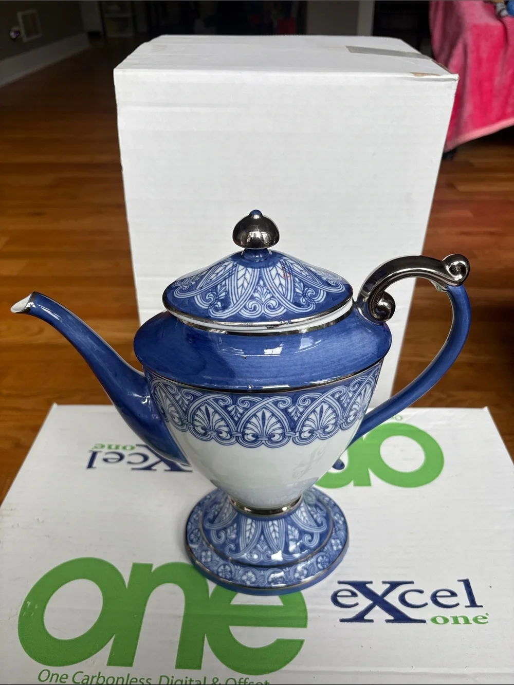 Bombay Blue and White Decorative Teapot with Silver Accents